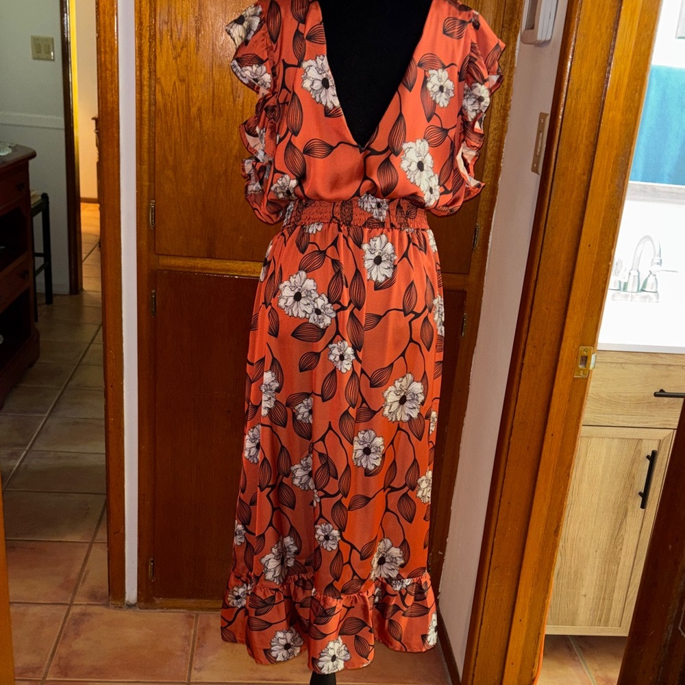Cotton Chicks Ruffle Sleeve Dress in Rust Floral SZ MED